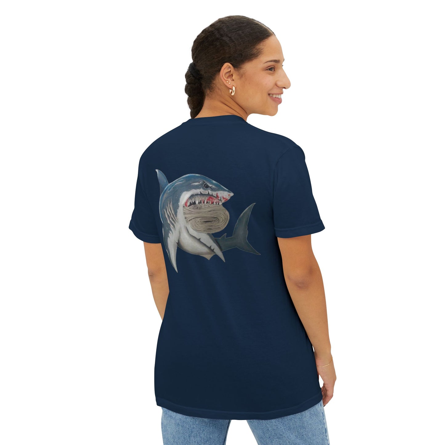 Ocean Adventure Shark Pocket T-Shirt, Men's Graphic Tee, Gift for Beach Lovers, Summer Casual Wear, Shark Design Apparel